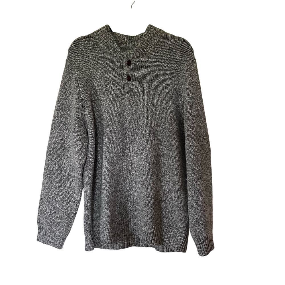 VTG L.L.Bean Gray Ragg Wool Henley Leather Button Granpa Fisherman Sweater Large
